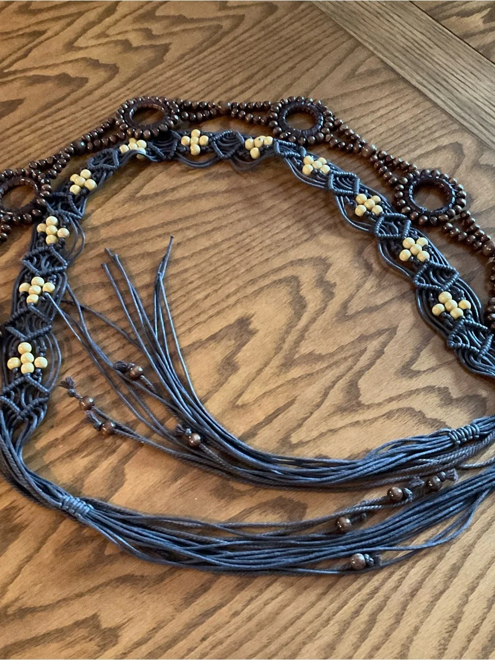 Vintage Boho Macrame Belt Wooden Bead Tassels; Boho Wooden Bead O-Ring Belt, 57”